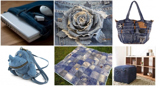 практические идеи из джинсовой ткани, чехол для планшета, роза, сумка, рюкзак носорог, плед, одеяло, пуф пуфик из джинса