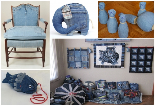 практические идеи из джинса для декора интерьера, кресло, слон, мягкая игрушка, мешочек для мелочей в виде рыбы, кегли и мяч из джинса