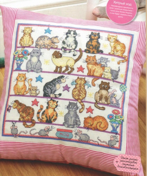 подушка с вышивкой крестом, коты, котики, кошки, схема вышивки
