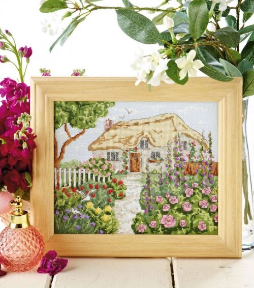 картина вышивка крестом, простая и удобная цветная схема, цветовой ключ к схеме, дом, домик, село, деревня, цветы, природа, домик в саду