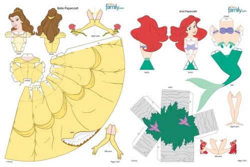 объемные куклы из бумаги, схема для печати, мастер-класс, творчество для детей, Красавица, Русалочка, принцессы Диснея