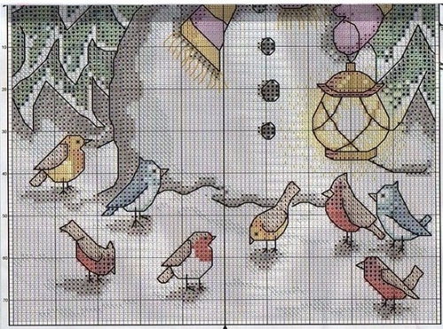 птички, снеговик, схемы для вышивки крестом, новый год в лесу, вышивка к новому году