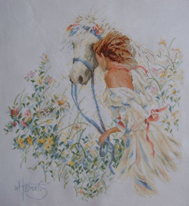 Вышивка крестом "Девушка с лошадью". Фото готового полотна вышивки