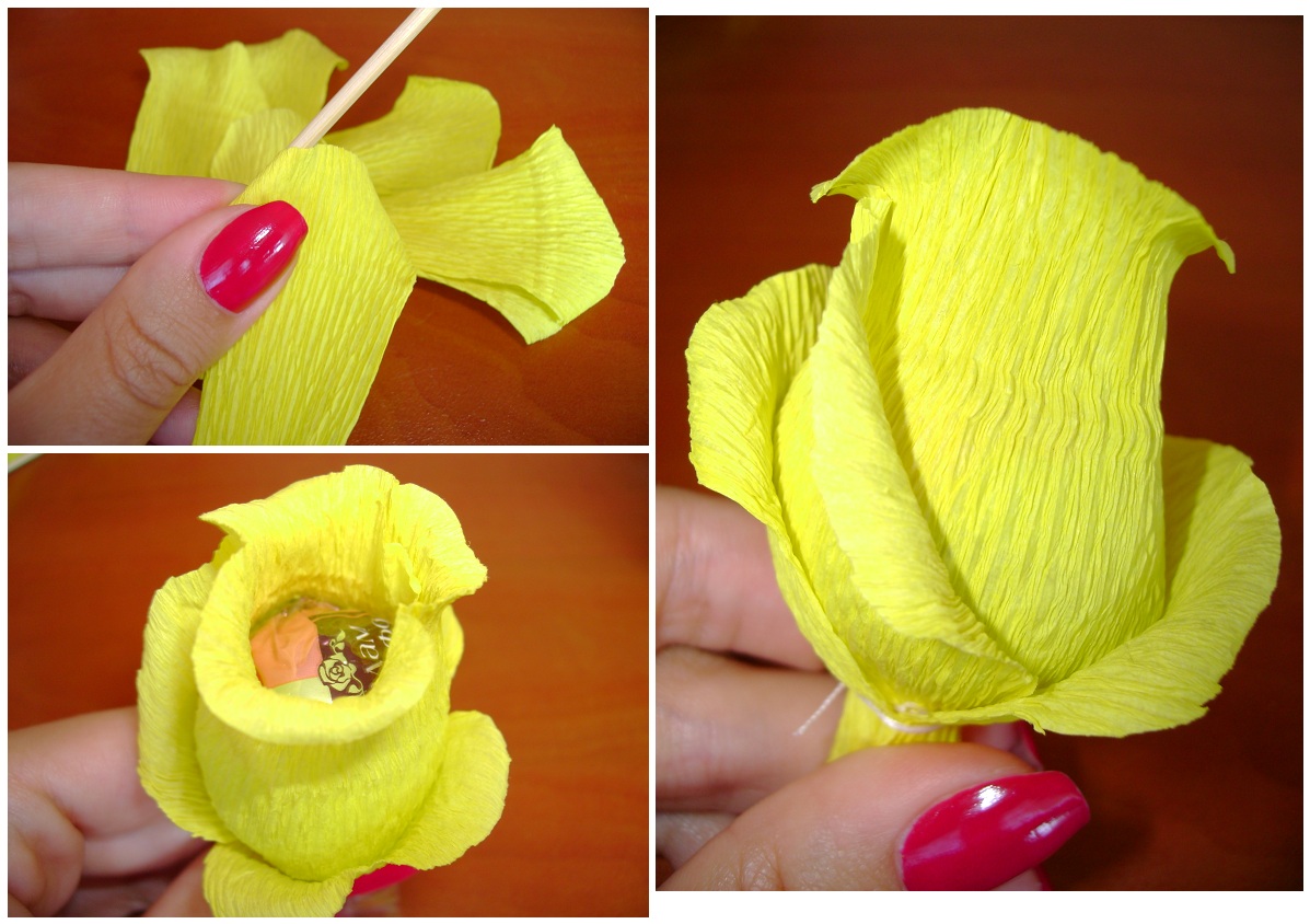 Цветы из гофрированной бумаги с конфетой / Paper Flowers / Flores de papel corrugado