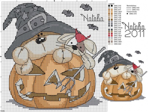 Подборка схем к Хэллоуину, мишка в шляпе с тыквой, схема