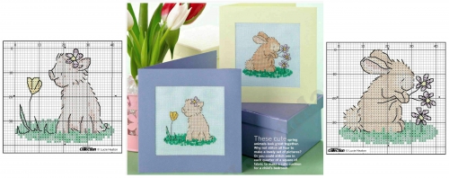 открытки ручной работы с вышивкой, выполненно крестом, кошка, зайчик, схема