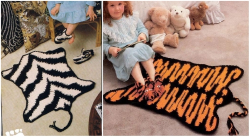 Оригинальные коврики для детской комнаты, связанные крючком в виде шкур тигра и зебры, схема вязания, мастер-класс, зебра, тигр, вяжем для детей