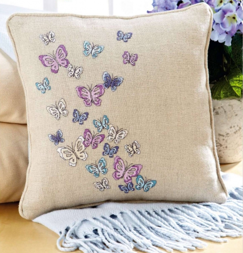 декоративная диванная подушка с вышивкой крестом, простая и удобная цветная схема, цветовой ключ к схеме, подушка с бабочками, бабочка вышивка крестом