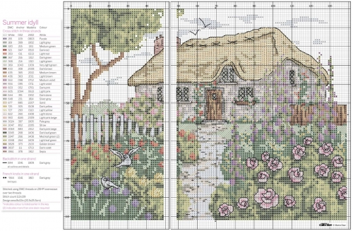 картина, вышивка крестиком, схема, простая и удобная цветная схема, домик в селе, дом в саду, цветы, природа