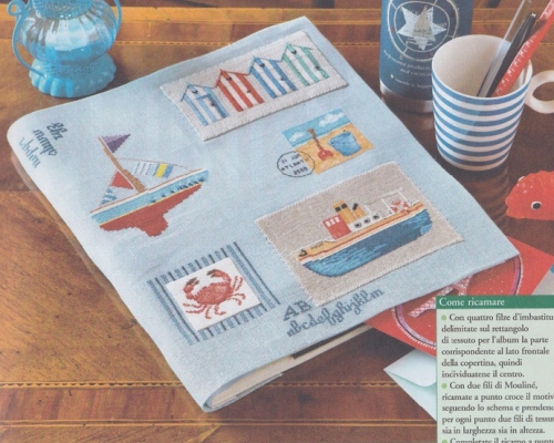 Обложка с вышивкой  для фотоальбома своими руками, простая и удобная цветная схема для вышивки крестом, морская тема, корабль, якорь, краб, миниатюра