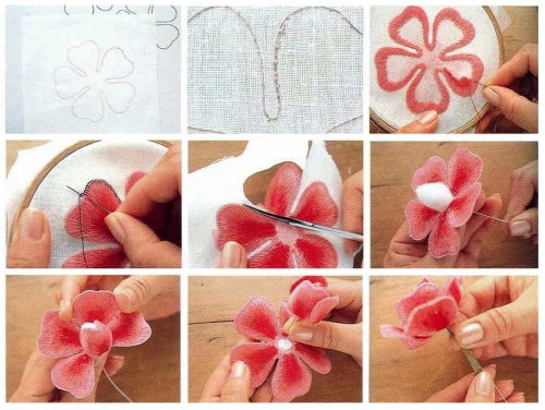 как сделать розу в технике объемной вышивки, простой и подробный мастер-класс, объемная вышивка