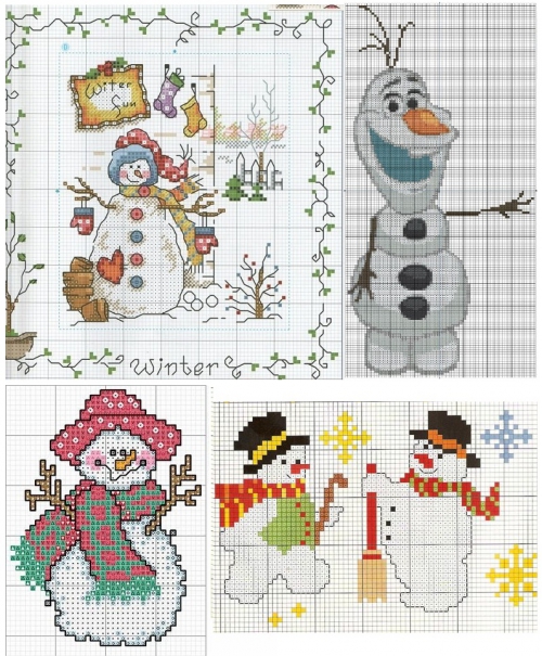 снеговик, снеговики, подборка простых цветных схем для вышивки крестом, вышивка миниатюра к новому году 