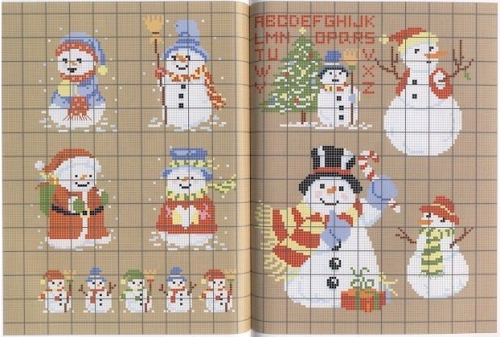 снеговики, снеговик, вышивка крестом к новому году