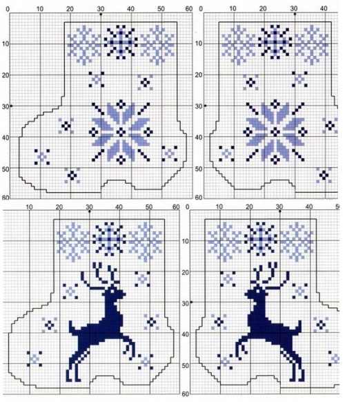 простая и удобная цветная схема для вышивки крестом, новогодние миниатюрные схемы, олени, снежинки, новогодние и рождественские носочки с вышивкой