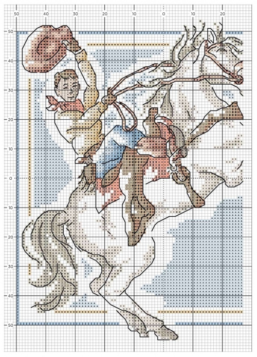 схема вышивки ковбой на лошади, подушки с вышивкой, простоя и удобная цветная схема для вышивки крестом