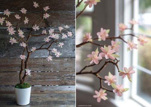 цветы и деревья из бумаги, простой и подробный мастер-класс, мк, МК, цветущая вишневая веточка ветка из гофрированной бумаги, цветы из бумаги